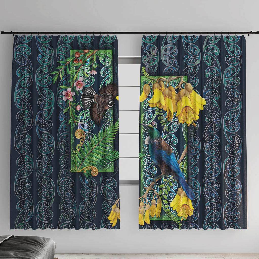 Aotearoa Maori Mangopare Christmas Window Curtain Pikawakawa and Tui LT7 With Hooks Dark Blue - Polynesian Pride