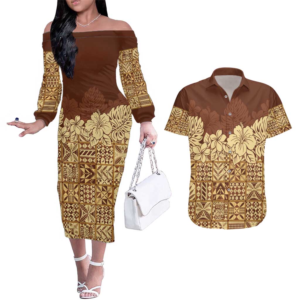 Niue Hiapo Motif Couples Matching Off The Shoulder Long Sleeve Dress and Hawaiian Shirt Tapa Classic LT7 Beige - Polynesian Pride