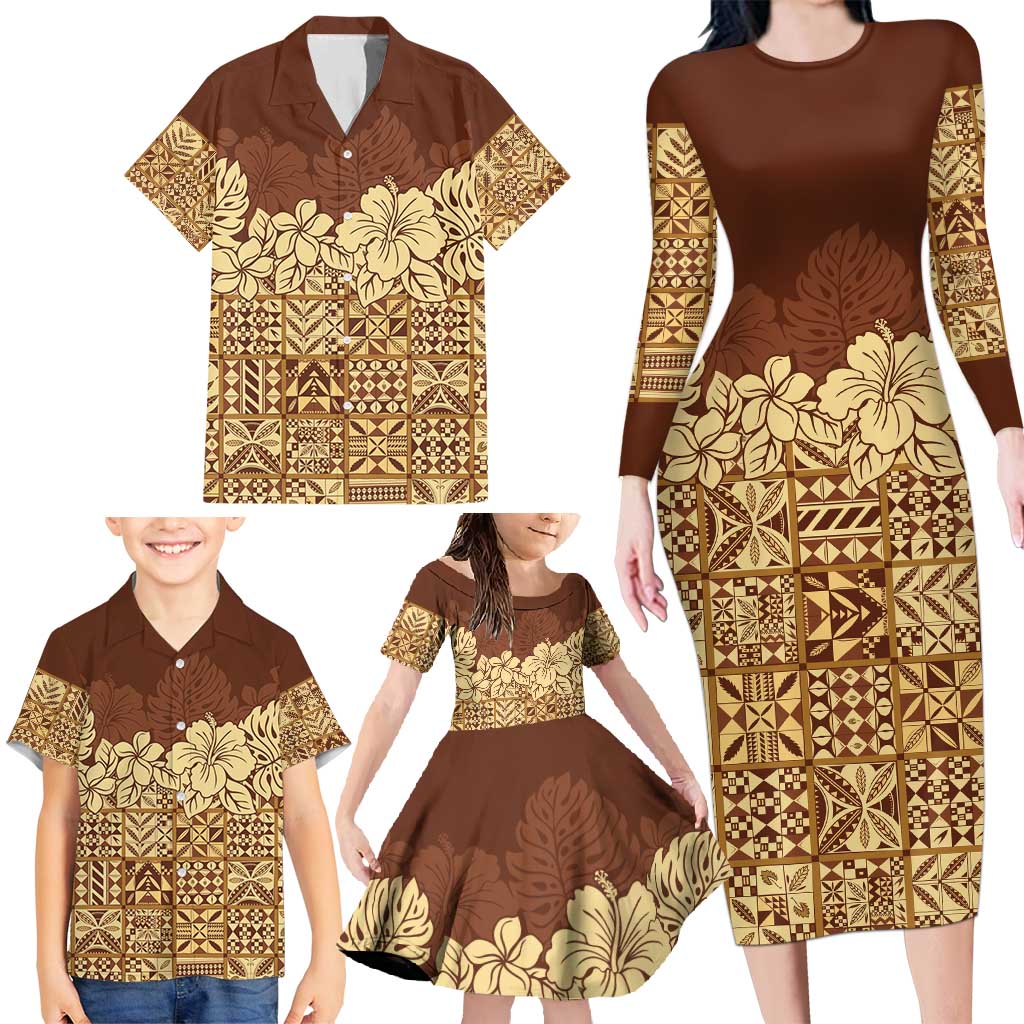 Niue Hiapo Motif Family Matching Long Sleeve Bodycon Dress and Hawaiian Shirt Tapa Classic LT7 - Polynesian Pride