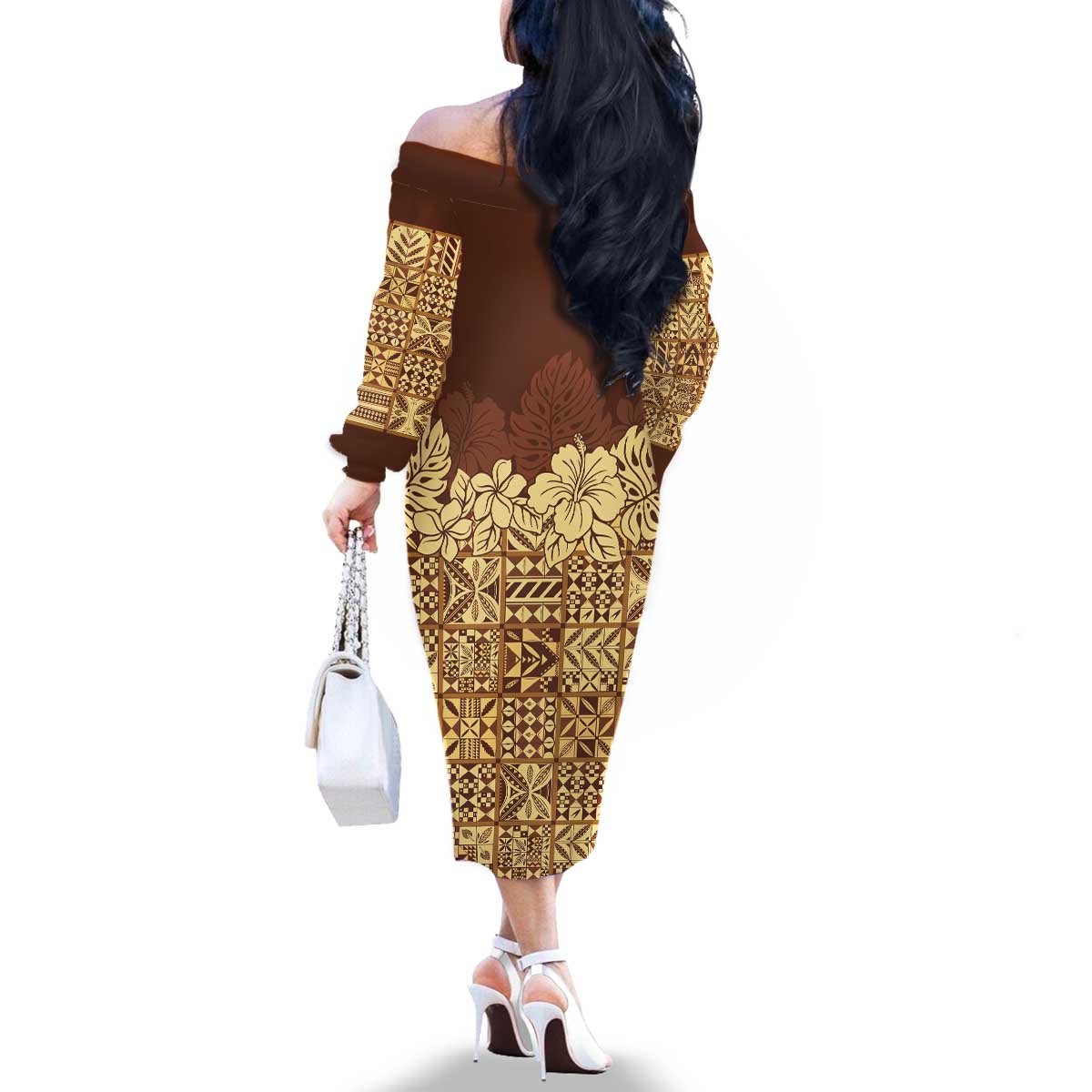 Niue Hiapo Motif Family Matching Off The Shoulder Long Sleeve Dress and Hawaiian Shirt Tapa Classic LT7 - Polynesian Pride