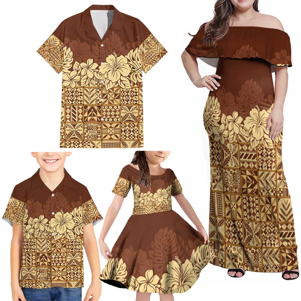 Niue Hiapo Motif Family Matching Off Shoulder Maxi Dress and Hawaiian Shirt Tapa Classic LT7 - Polynesian Pride