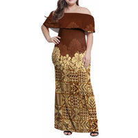 Niue Hiapo Motif Family Matching Off Shoulder Maxi Dress and Hawaiian Shirt Tapa Classic LT7 Mom's Dress Beige - Polynesian Pride