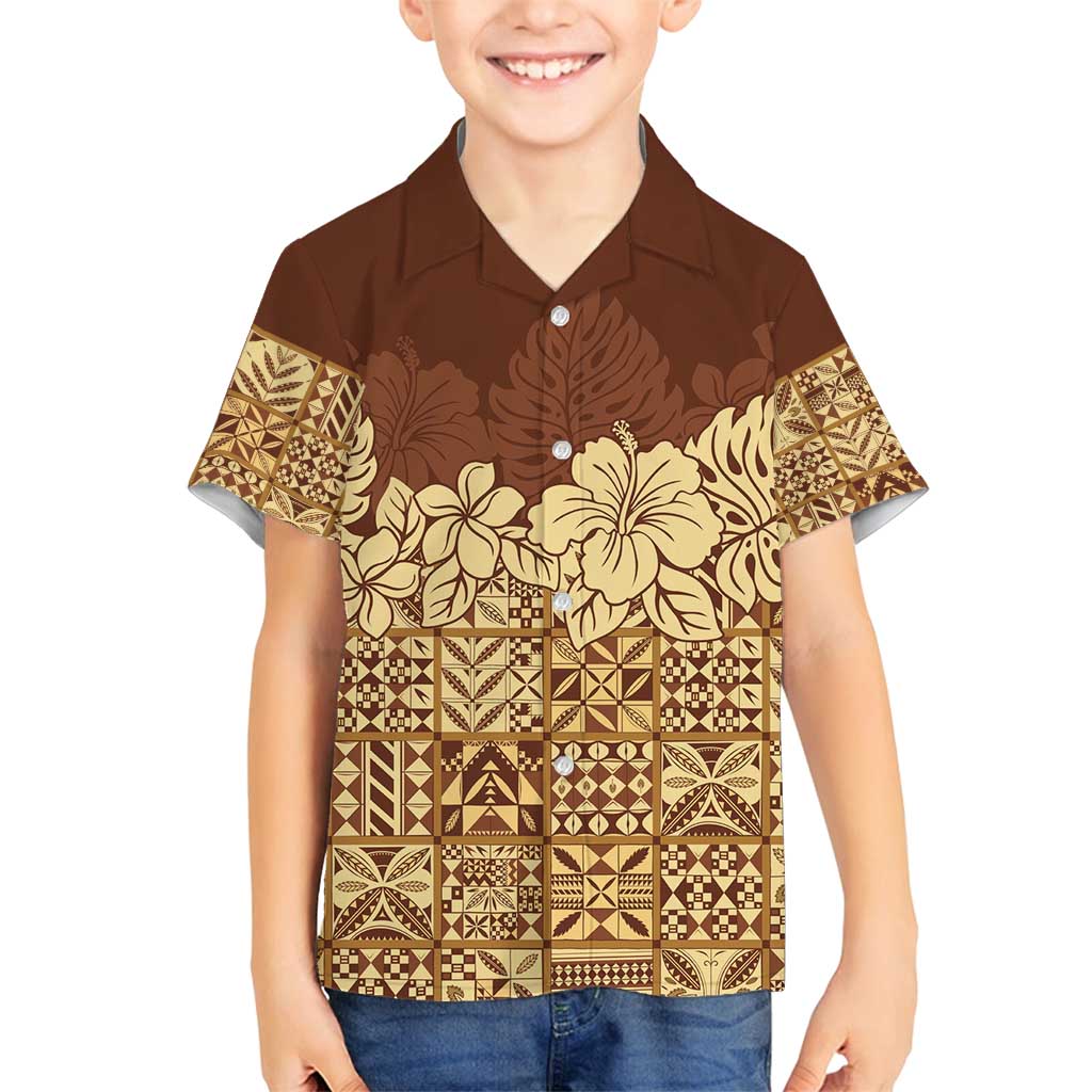 Niue Hiapo Motif Family Matching Off Shoulder Maxi Dress and Hawaiian Shirt Tapa Classic LT7 Son's Shirt Beige - Polynesian Pride