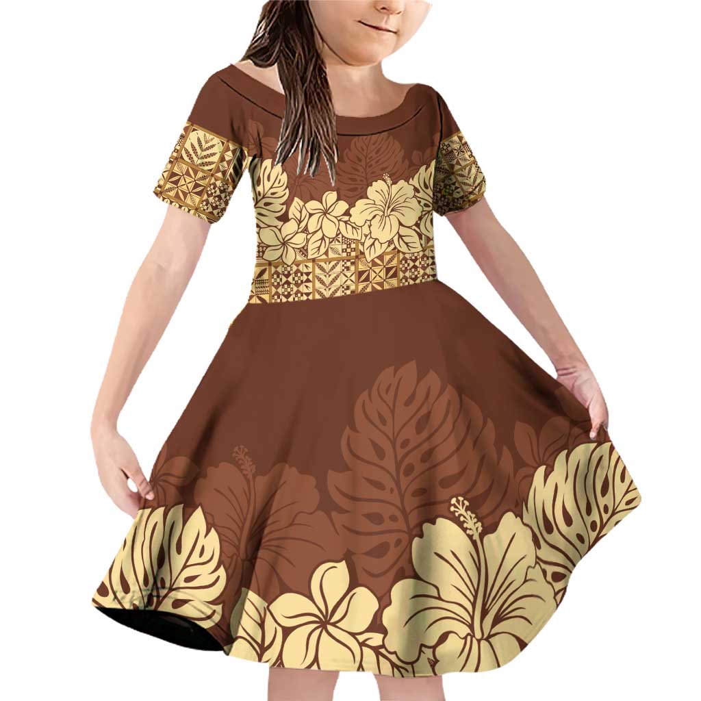 Niue Hiapo Motif Family Matching Off Shoulder Short Dress and Hawaiian Shirt Tapa Classic LT7 Daughter's Dress Beige - Polynesian Pride