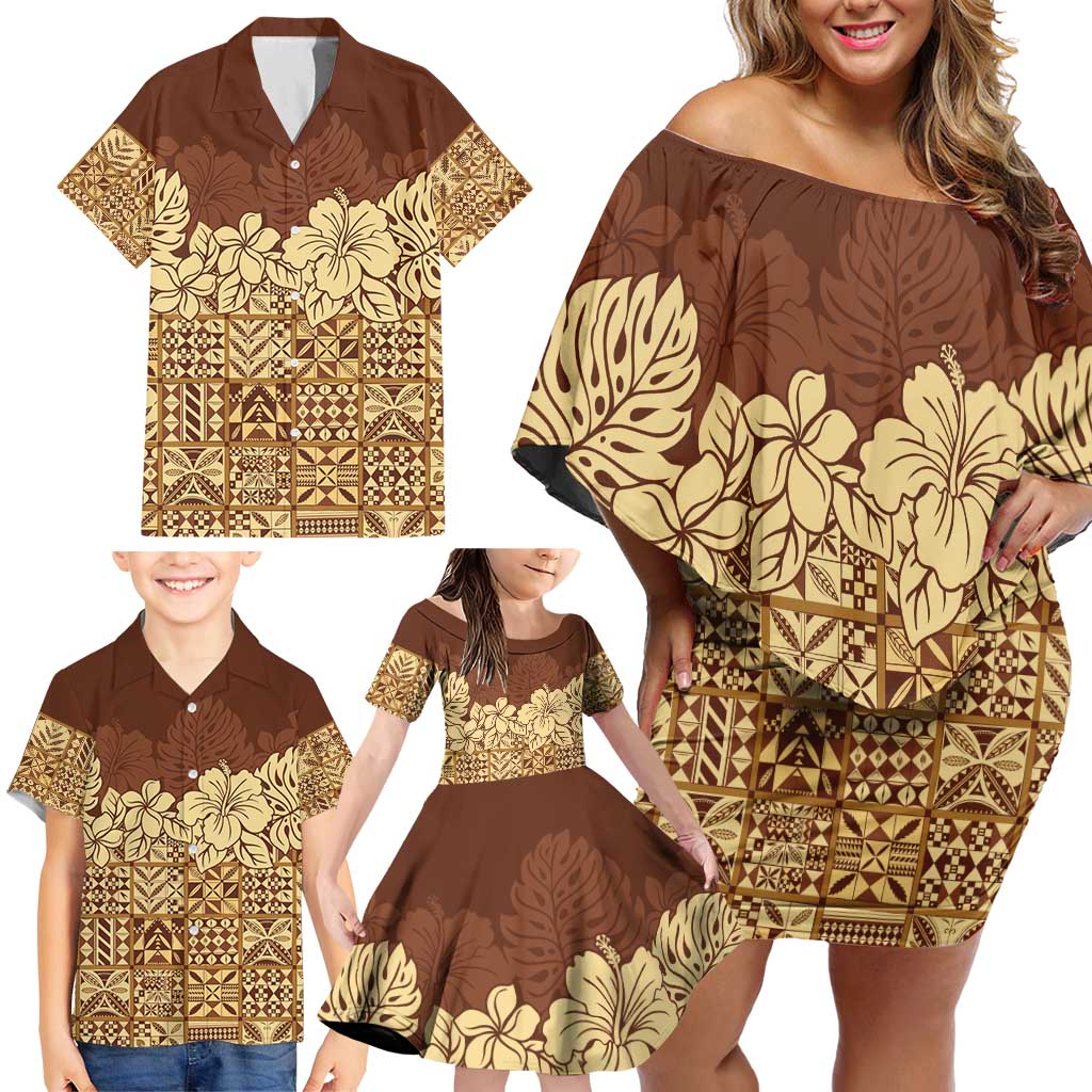 Niue Hiapo Motif Family Matching Off Shoulder Short Dress and Hawaiian Shirt Tapa Classic LT7 - Polynesian Pride
