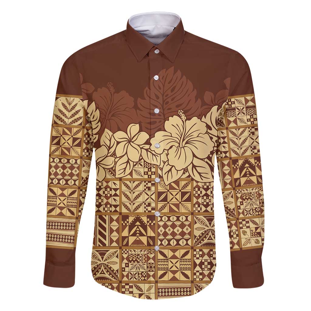 Niue Hiapo Motif Family Matching Off Shoulder Short Dress and Hawaiian Shirt Tapa Classic LT7 Dad's Shirt - Long Sleeve Beige - Polynesian Pride
