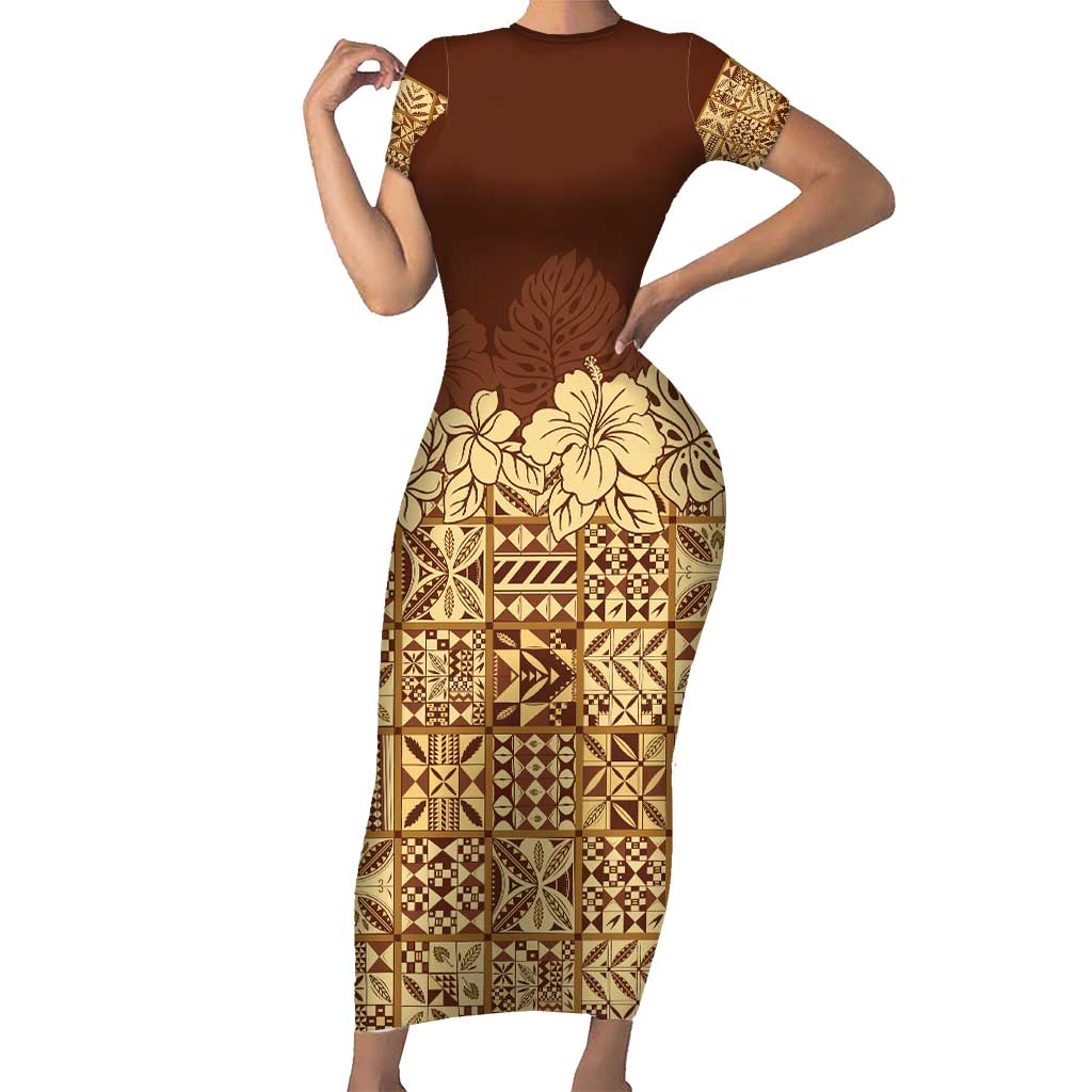 Niue Hiapo Motif Family Matching Short Sleeve Bodycon Dress and Hawaiian Shirt Tapa Classic LT7 Mom's Dress Beige - Polynesian Pride