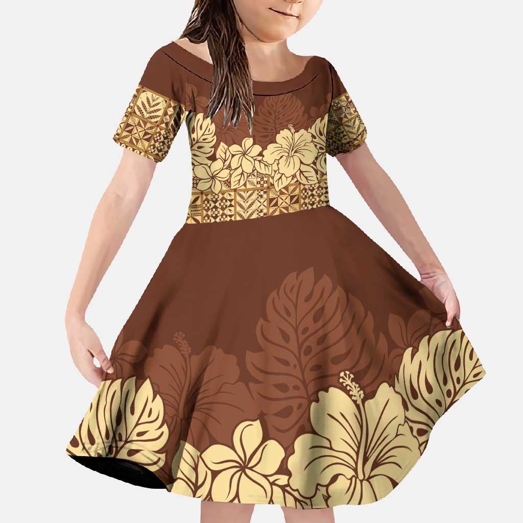 Niue Hiapo Motif Family Matching Summer Maxi Dress and Hawaiian Shirt Tapa Classic LT7 Daughter's Dress Beige - Polynesian Pride