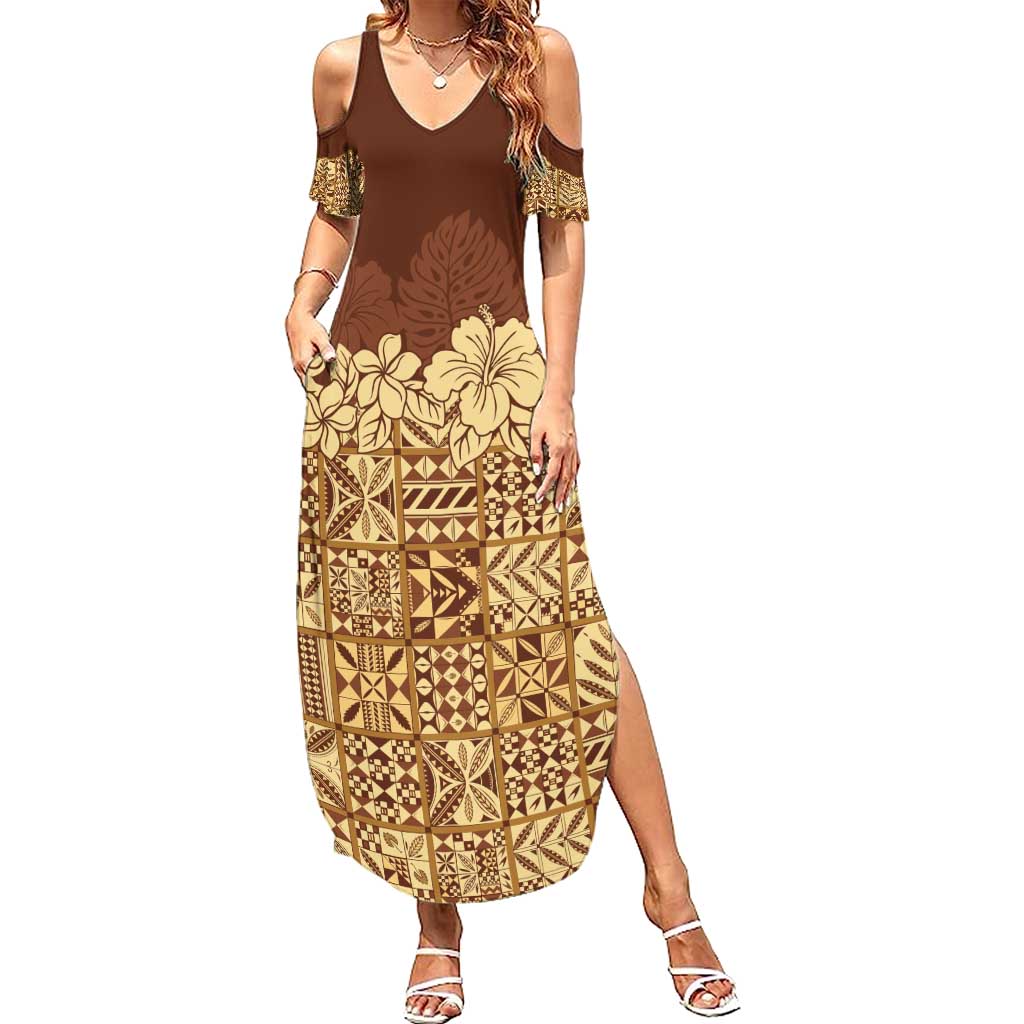 Niue Hiapo Motif Family Matching Summer Maxi Dress and Hawaiian Shirt Tapa Classic LT7 Mom's Dress Beige - Polynesian Pride