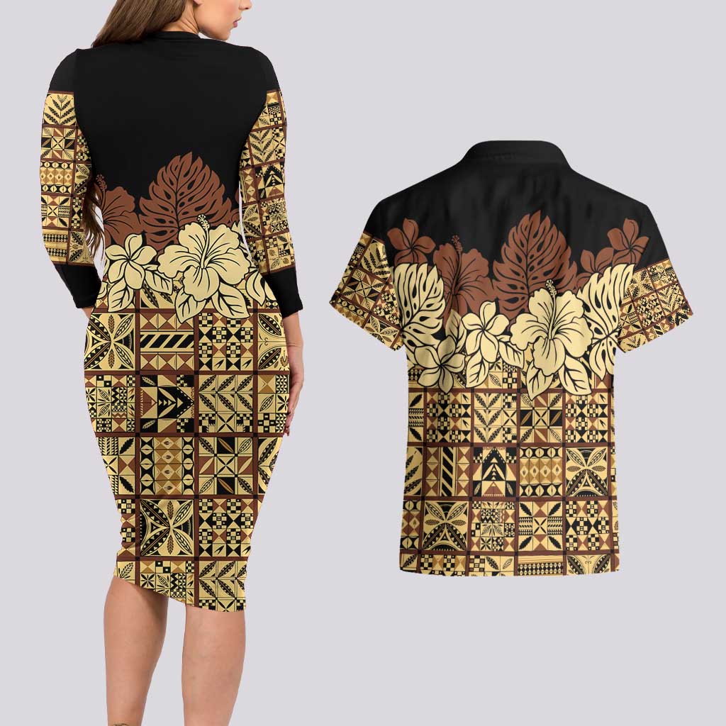 Niue Hiapo Motif Couples Matching Long Sleeve Bodycon Dress and Hawaiian Shirt Tapa Classic - Black Ver LT7 - Polynesian Pride