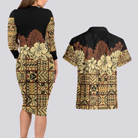 Niue Hiapo Motif Couples Matching Long Sleeve Bodycon Dress and Hawaiian Shirt Tapa Classic - Black Ver LT7 - Polynesian Pride