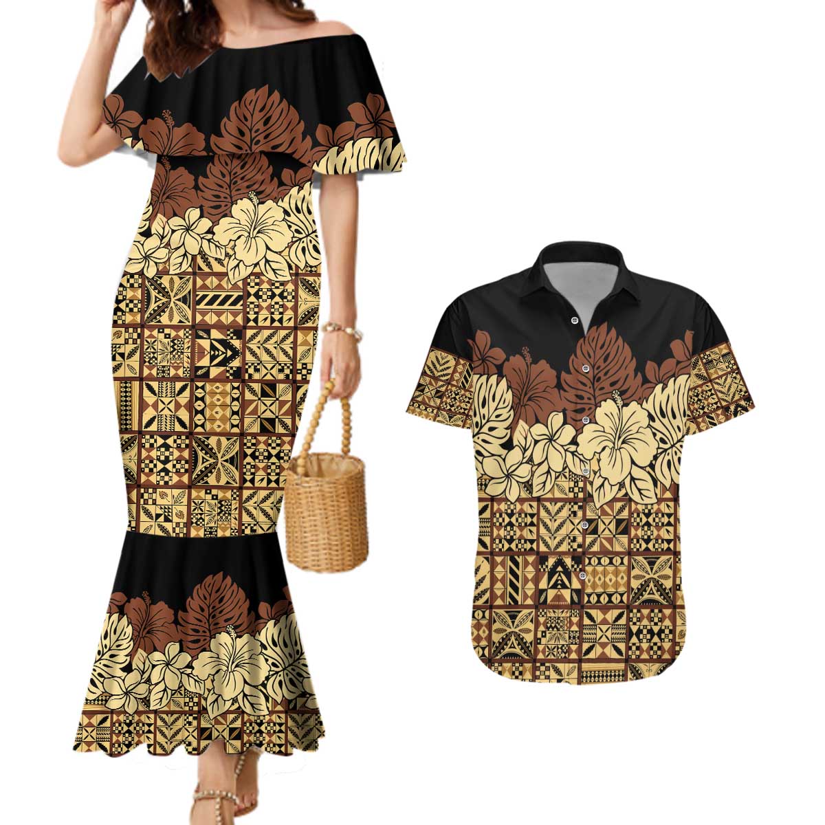 Niue Hiapo Motif Couples Matching Mermaid Dress and Hawaiian Shirt Tapa Classic - Black Ver LT7 Black - Polynesian Pride