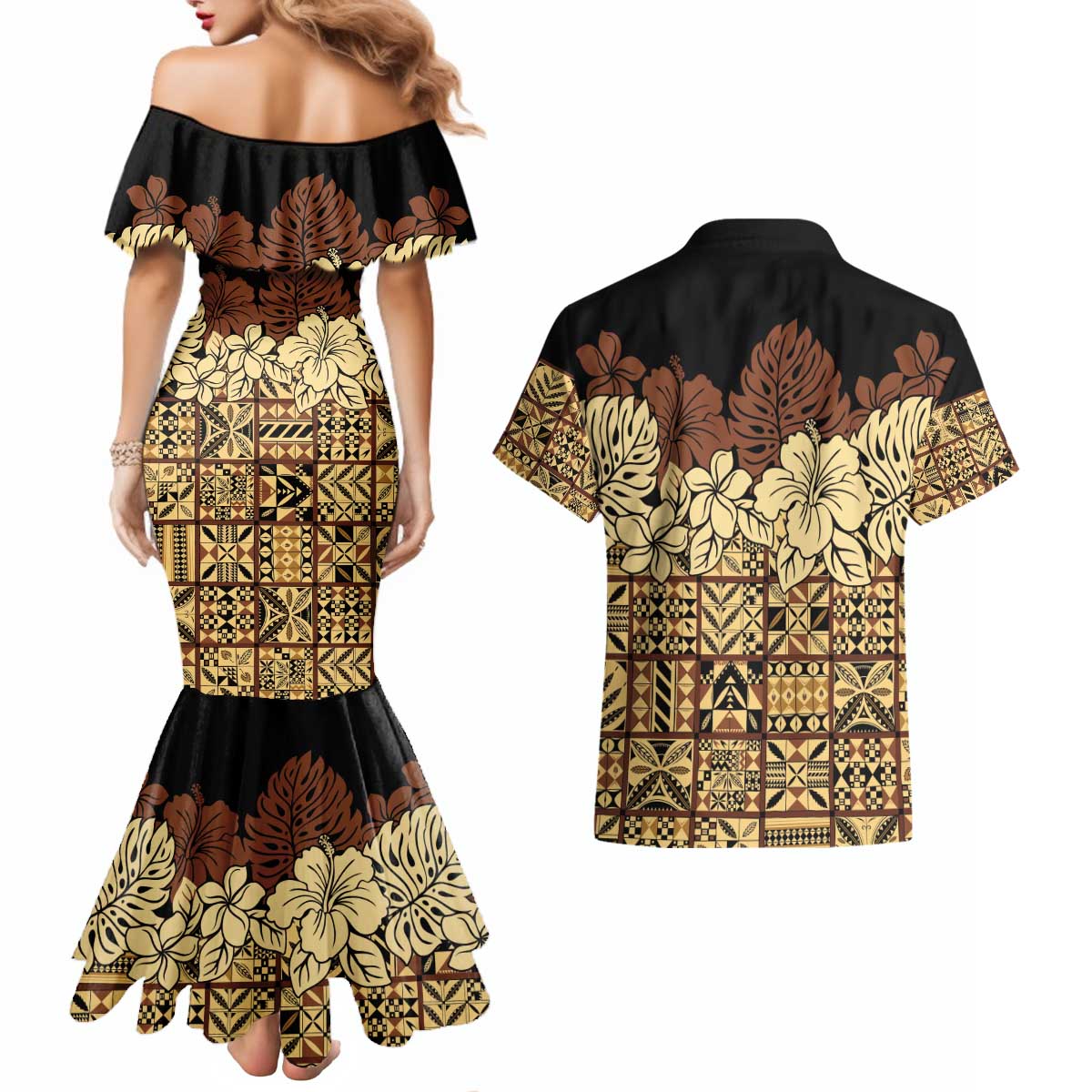 Niue Hiapo Motif Couples Matching Mermaid Dress and Hawaiian Shirt Tapa Classic - Black Ver LT7 - Polynesian Pride