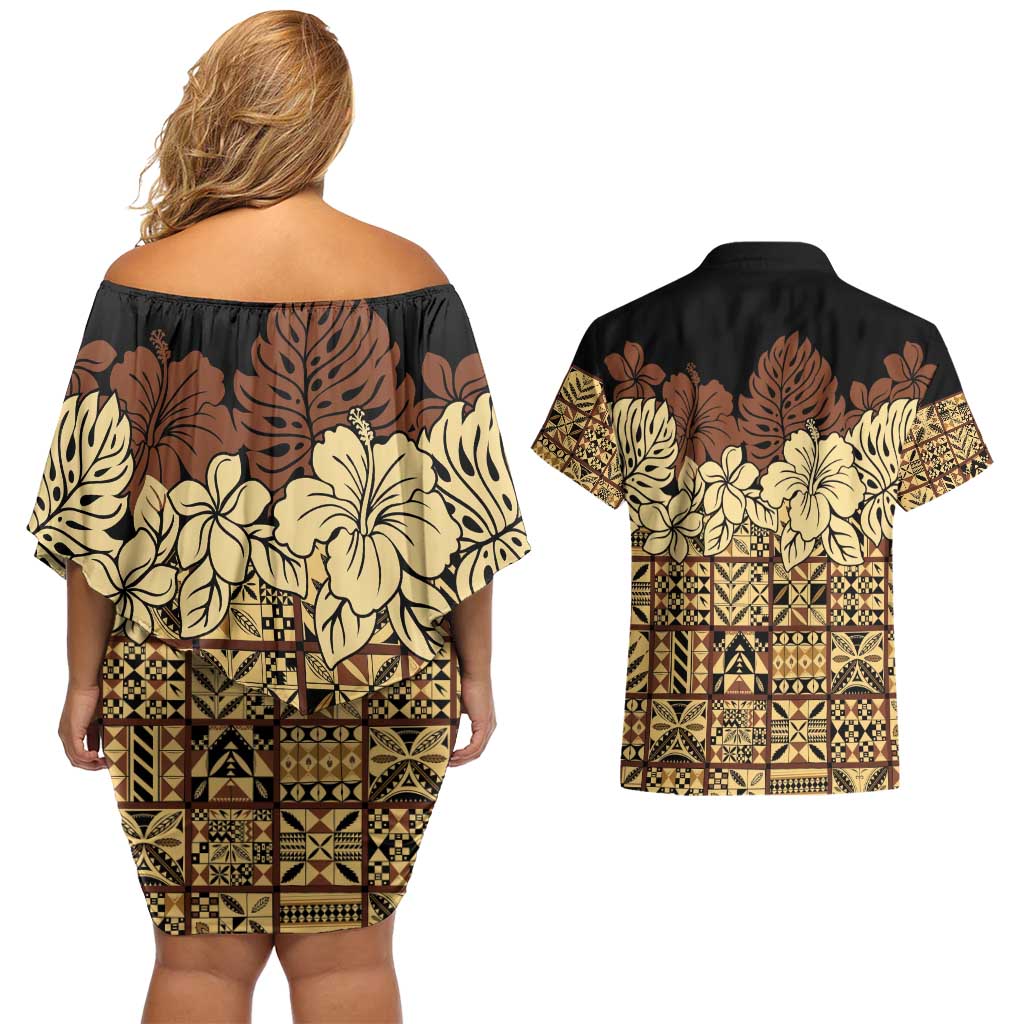 Niue Hiapo Motif Couples Matching Off Shoulder Short Dress and Hawaiian Shirt Tapa Classic - Black Ver