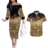 Niue Hiapo Motif Couples Matching Off The Shoulder Long Sleeve Dress and Hawaiian Shirt Tapa Classic - Black Ver LT7 Black - Polynesian Pride