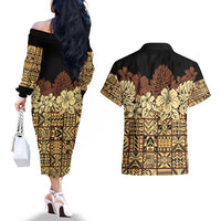 Niue Hiapo Motif Couples Matching Off The Shoulder Long Sleeve Dress and Hawaiian Shirt Tapa Classic - Black Ver LT7 - Polynesian Pride