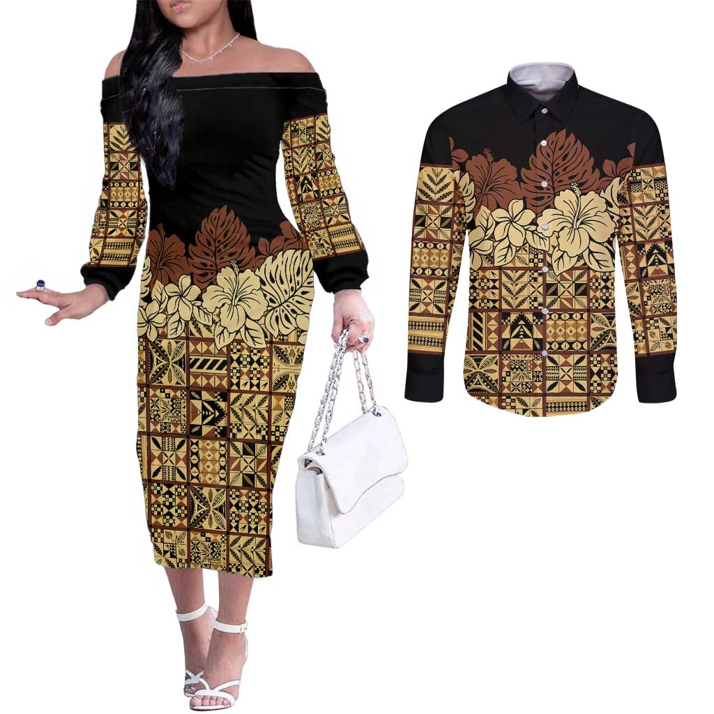 Niue Hiapo Motif Couples Matching Off The Shoulder Long Sleeve Dress and Long Sleeve Button Shirt Tapa Classic - Black Ver LT7 Black - Polynesian Pride