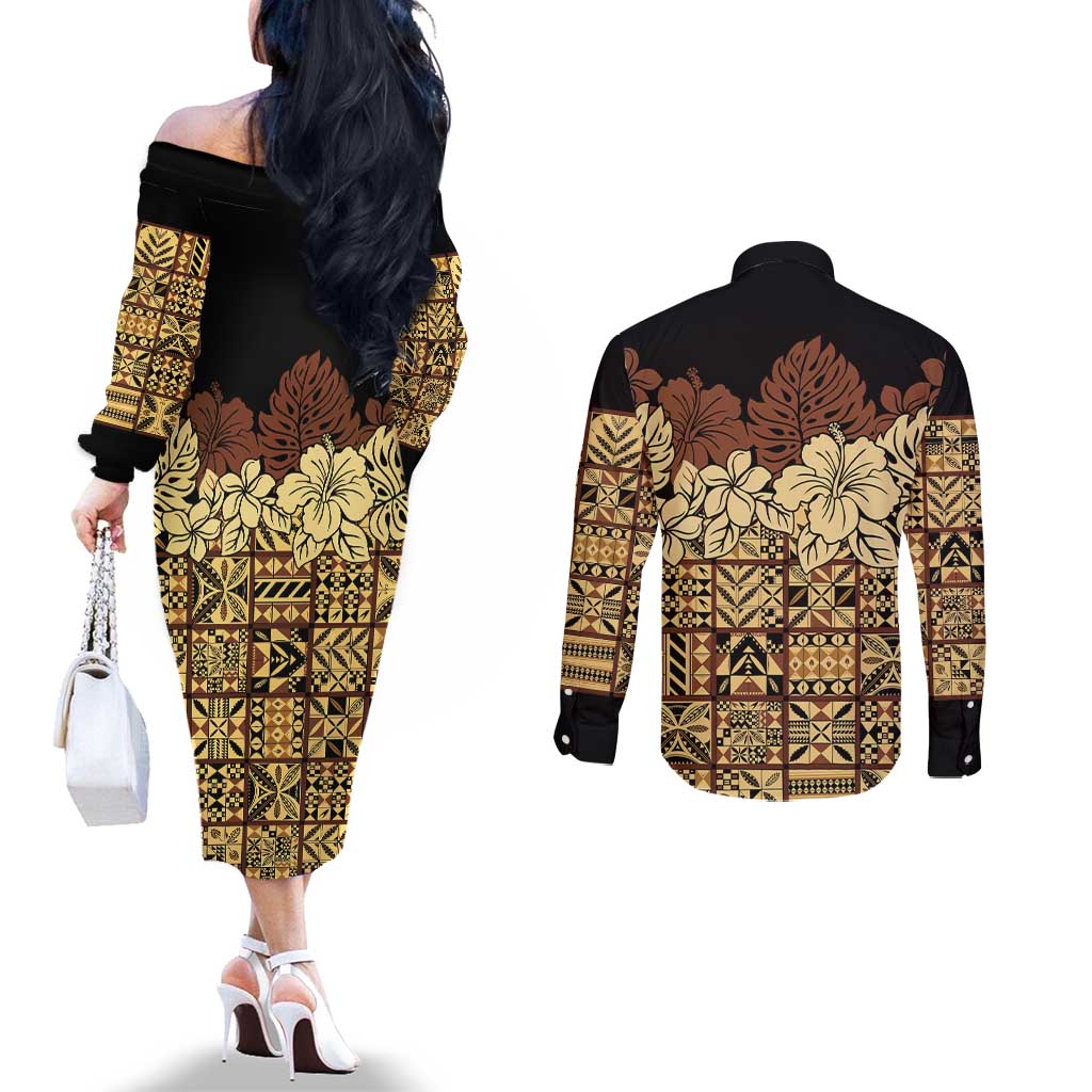 Niue Hiapo Motif Couples Matching Off The Shoulder Long Sleeve Dress and Long Sleeve Button Shirt Tapa Classic - Black Ver LT7 - Polynesian Pride