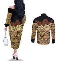 Niue Hiapo Motif Couples Matching Off The Shoulder Long Sleeve Dress and Long Sleeve Button Shirt Tapa Classic - Black Ver LT7 - Polynesian Pride