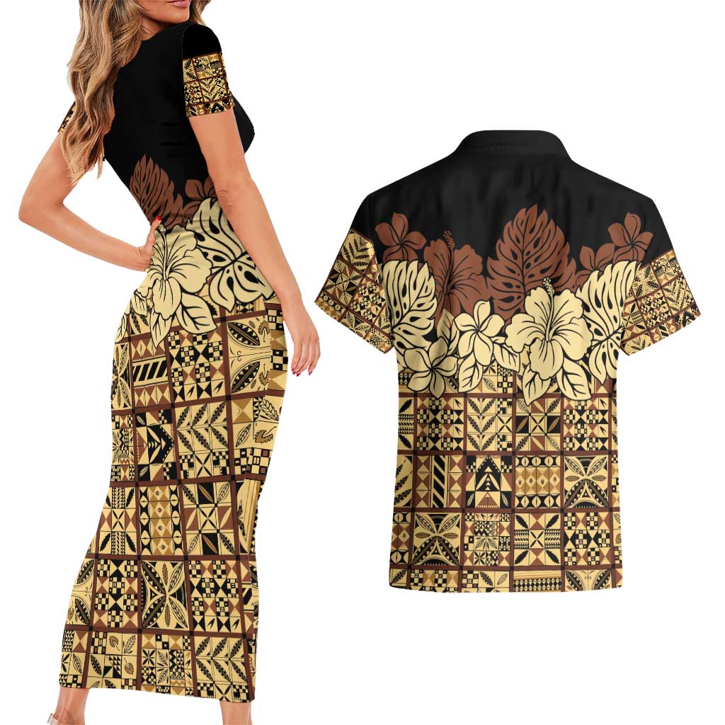 Niue Hiapo Motif Couples Matching Short Sleeve Bodycon Dress and Hawaiian Shirt Tapa Classic - Black Ver LT7 - Polynesian Pride