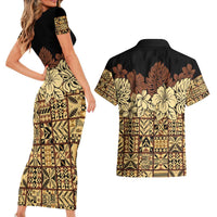 Niue Hiapo Motif Couples Matching Short Sleeve Bodycon Dress and Hawaiian Shirt Tapa Classic - Black Ver LT7 - Polynesian Pride