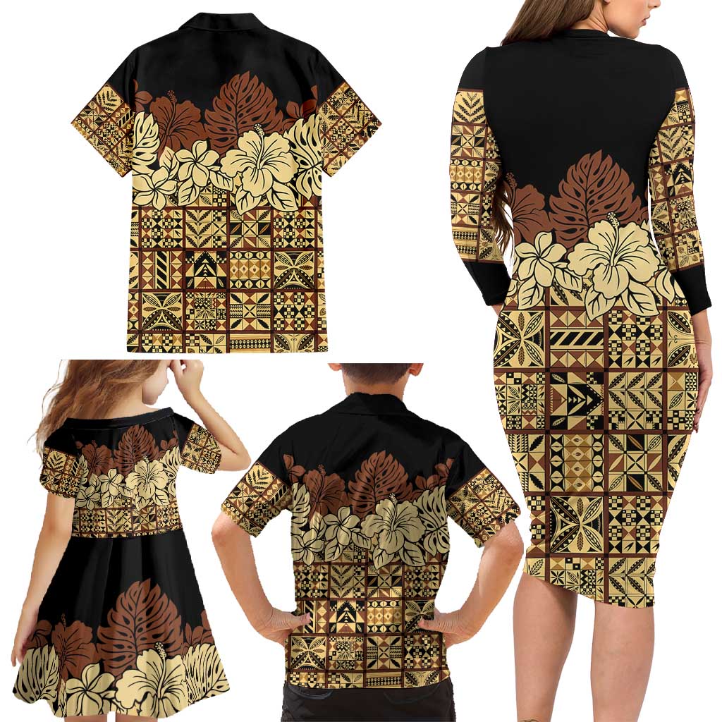 Niue Hiapo Motif Family Matching Long Sleeve Bodycon Dress and Hawaiian Shirt Tapa Classic - Black Ver LT7 - Polynesian Pride