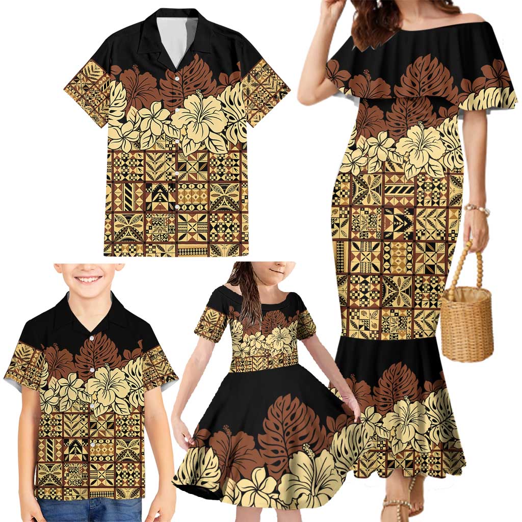 Niue Hiapo Motif Family Matching Mermaid Dress and Hawaiian Shirt Tapa Classic - Black Ver LT7 - Polynesian Pride