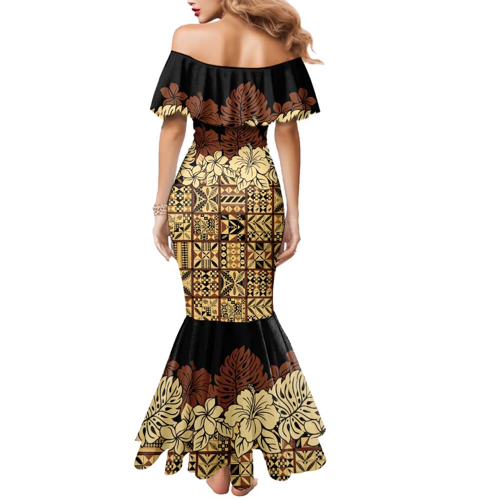 Niue Hiapo Motif Family Matching Mermaid Dress and Hawaiian Shirt Tapa Classic - Black Ver LT7 - Polynesian Pride
