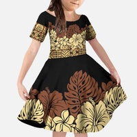 Niue Hiapo Motif Family Matching Off The Shoulder Long Sleeve Dress and Hawaiian Shirt Tapa Classic - Black Ver LT7 Daughter's Dress Black - Polynesian Pride