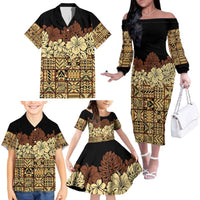 Niue Hiapo Motif Family Matching Off The Shoulder Long Sleeve Dress and Hawaiian Shirt Tapa Classic - Black Ver LT7 - Polynesian Pride
