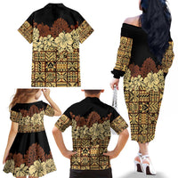 Niue Hiapo Motif Family Matching Off The Shoulder Long Sleeve Dress and Hawaiian Shirt Tapa Classic - Black Ver LT7 - Polynesian Pride