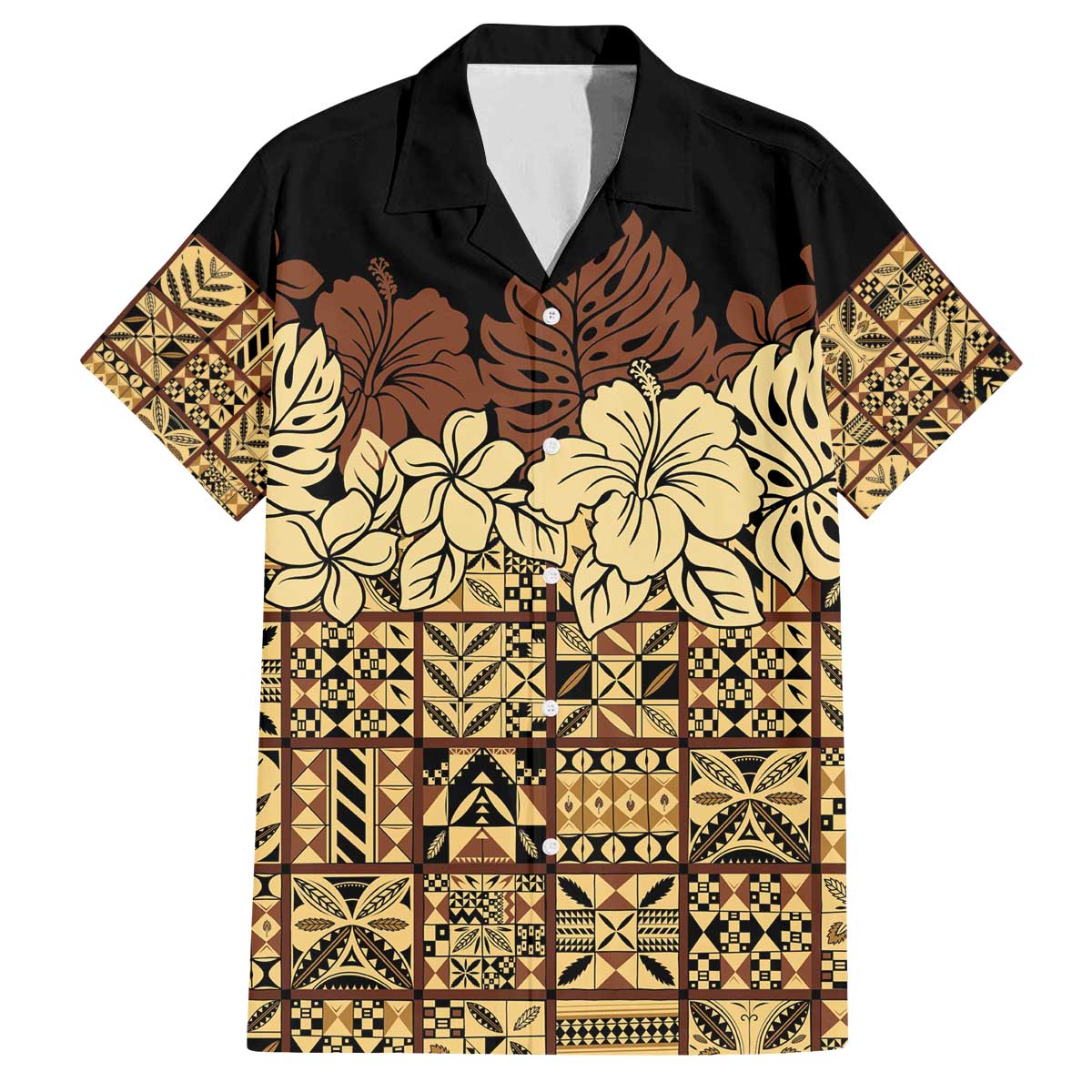 Niue Hiapo Motif Family Matching Off The Shoulder Long Sleeve Dress and Hawaiian Shirt Tapa Classic - Black Ver LT7 Dad's Shirt - Short Sleeve Black - Polynesian Pride
