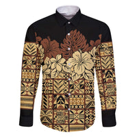 Niue Hiapo Motif Family Matching Off The Shoulder Long Sleeve Dress and Hawaiian Shirt Tapa Classic - Black Ver LT7 Dad's Shirt - Long Sleeve Black - Polynesian Pride