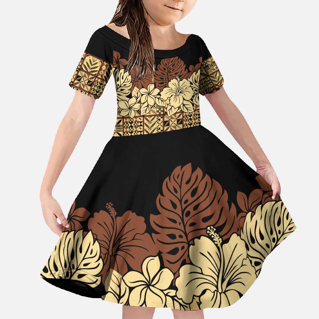 Niue Hiapo Motif Family Matching Off Shoulder Maxi Dress and Hawaiian Shirt Tapa Classic - Black Ver LT7 Daughter's Dress Black - Polynesian Pride