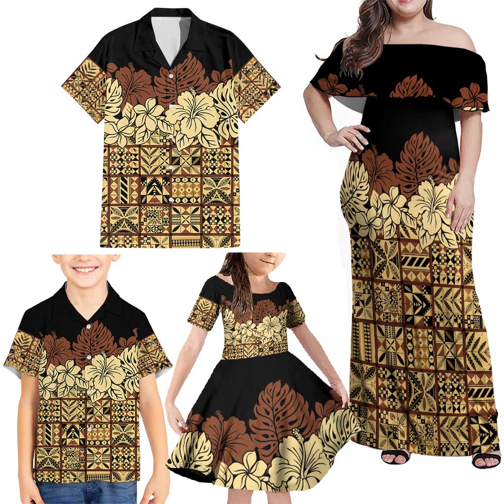 Niue Hiapo Motif Family Matching Off Shoulder Maxi Dress and Hawaiian Shirt Tapa Classic - Black Ver LT7 - Polynesian Pride