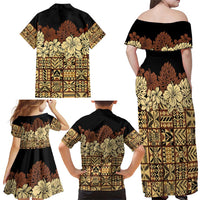 Niue Hiapo Motif Family Matching Off Shoulder Maxi Dress and Hawaiian Shirt Tapa Classic - Black Ver LT7 - Polynesian Pride