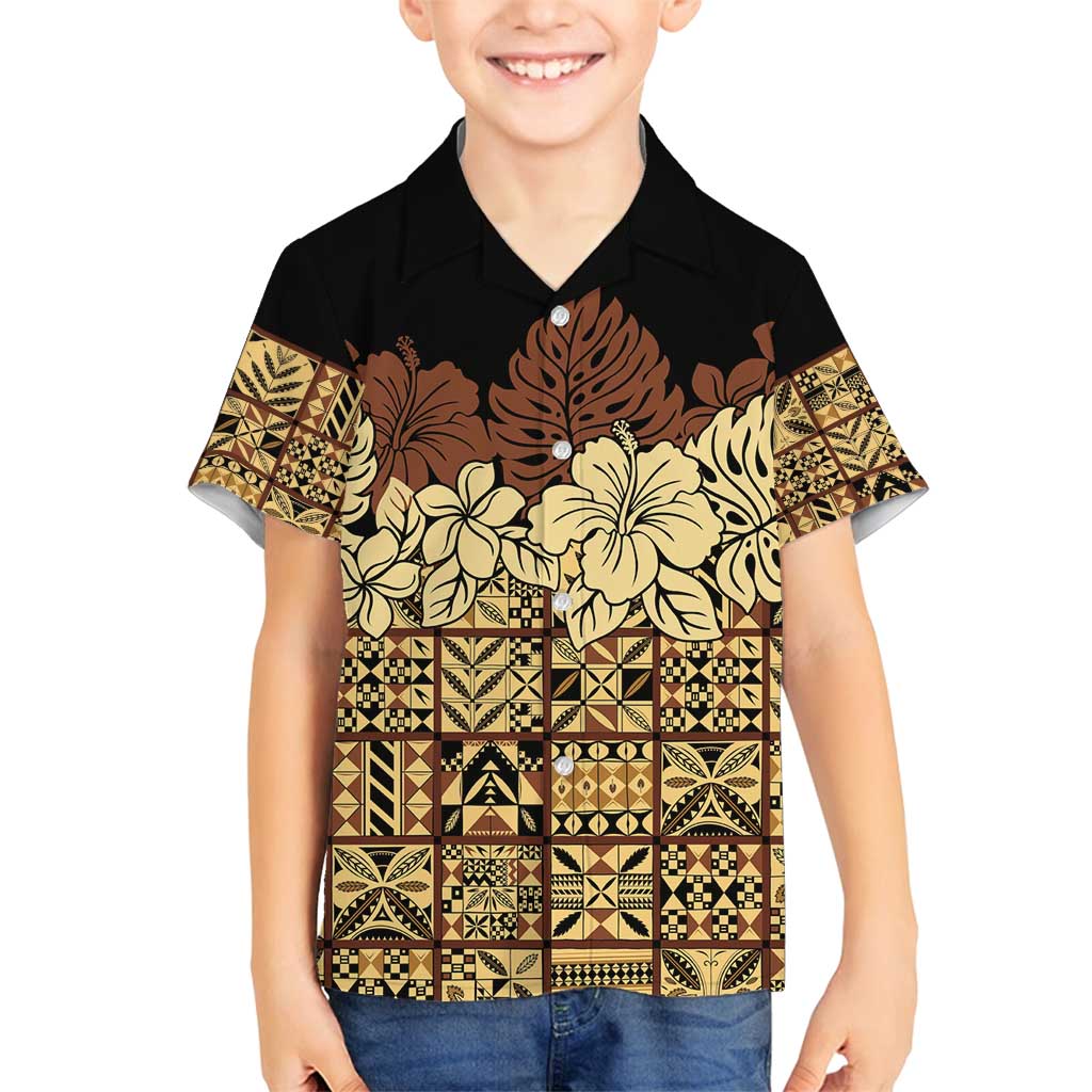 Niue Hiapo Motif Family Matching Off Shoulder Maxi Dress and Hawaiian Shirt Tapa Classic - Black Ver LT7 Son's Shirt Black - Polynesian Pride