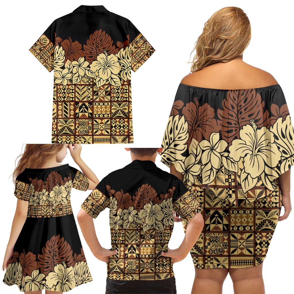 Niue Hiapo Motif Family Matching Off Shoulder Short Dress and Hawaiian Shirt Tapa Classic - Black Ver LT7 - Polynesian Pride