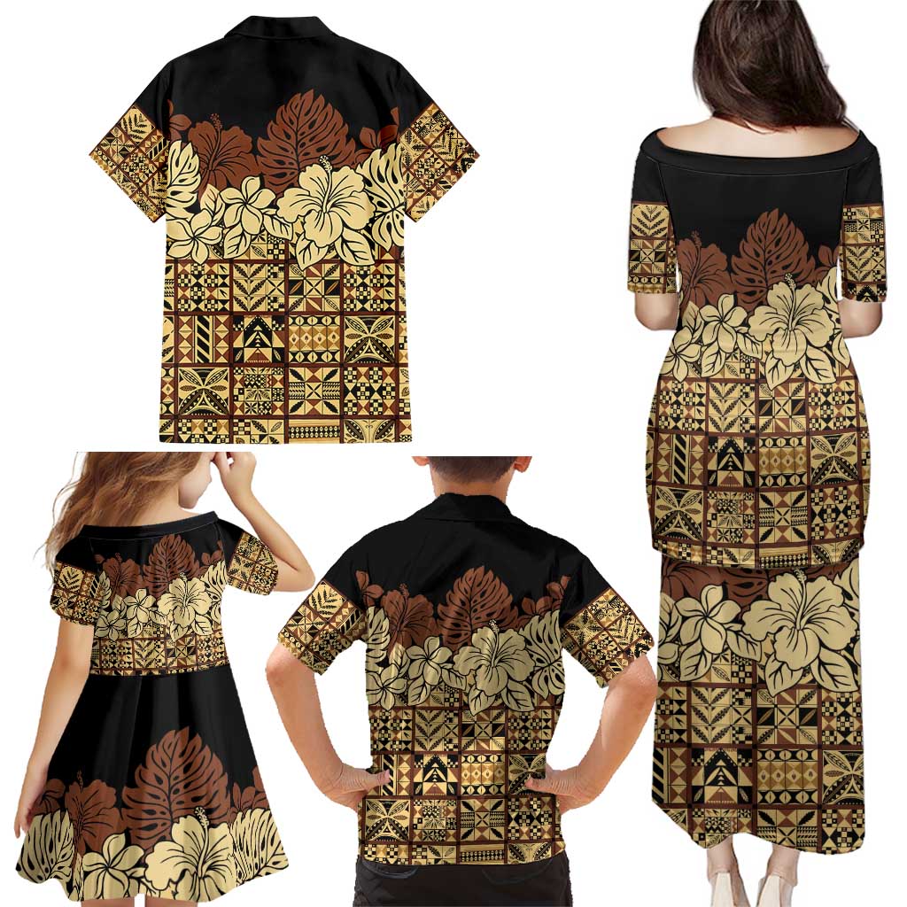 Niue Hiapo Motif Family Matching Puletasi and Hawaiian Shirt Tapa Classic - Black Ver LT7 - Polynesian Pride