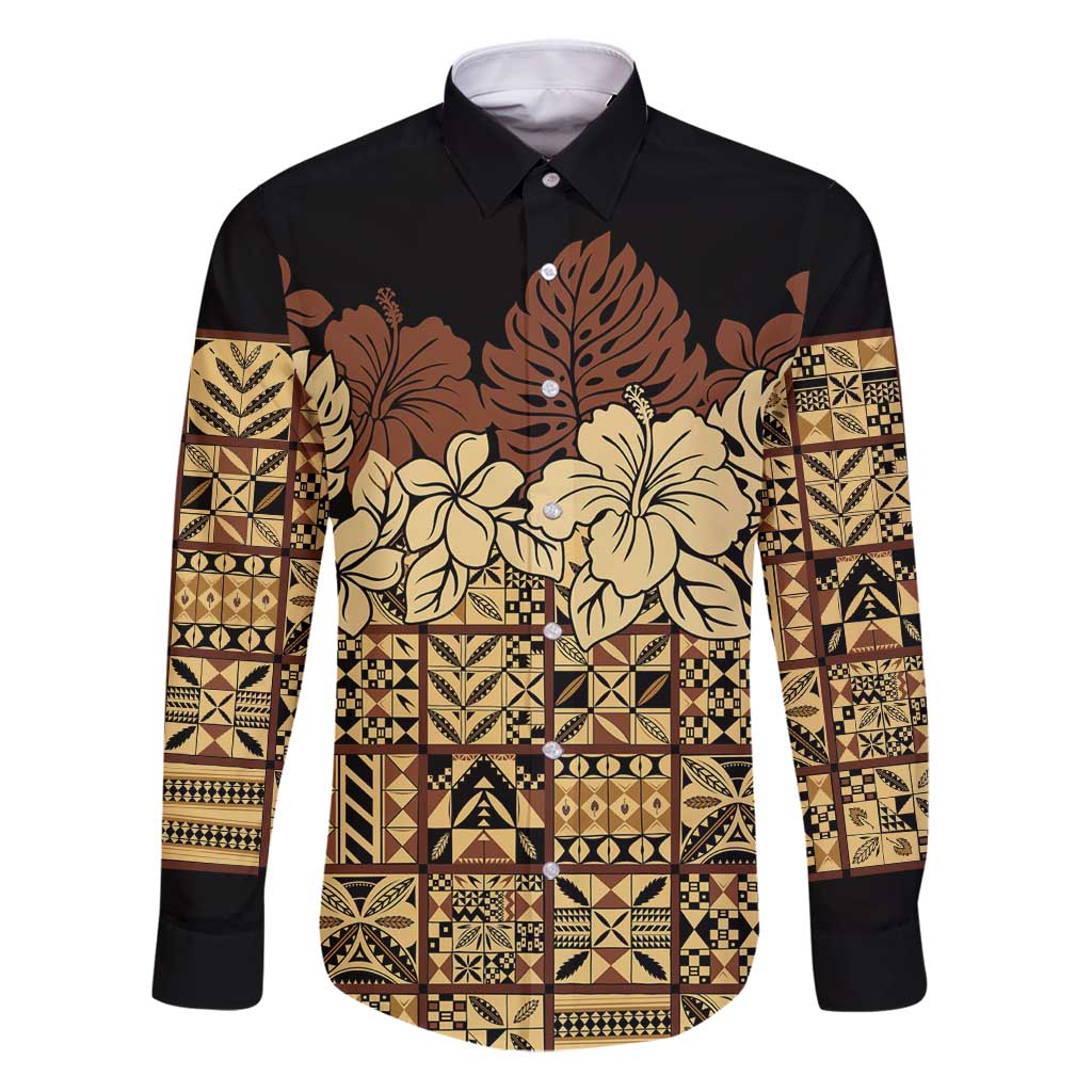 Niue Hiapo Motif Family Matching Puletasi and Hawaiian Shirt Tapa Classic - Black Ver LT7 Dad's Shirt - Long Sleeve Black - Polynesian Pride