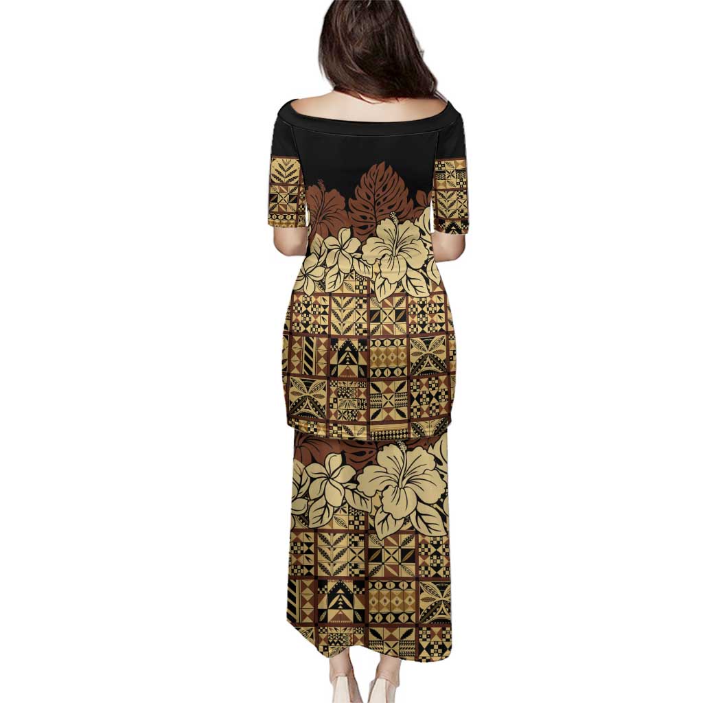 Niue Hiapo Motif Family Matching Puletasi and Hawaiian Shirt Tapa Classic - Black Ver LT7 - Polynesian Pride