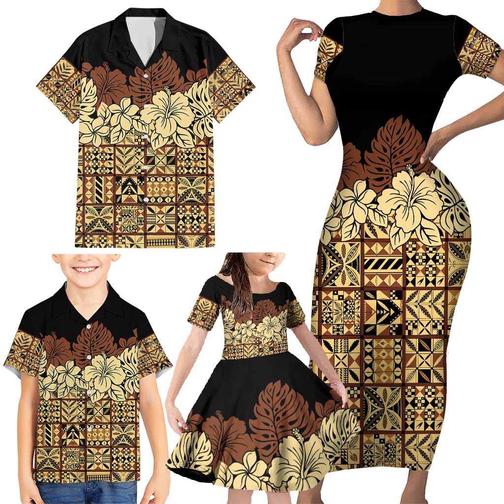Niue Hiapo Motif Family Matching Short Sleeve Bodycon Dress and Hawaiian Shirt Tapa Classic - Black Ver LT7 - Polynesian Pride