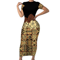 Niue Hiapo Motif Family Matching Short Sleeve Bodycon Dress and Hawaiian Shirt Tapa Classic - Black Ver LT7 Mom's Dress Black - Polynesian Pride