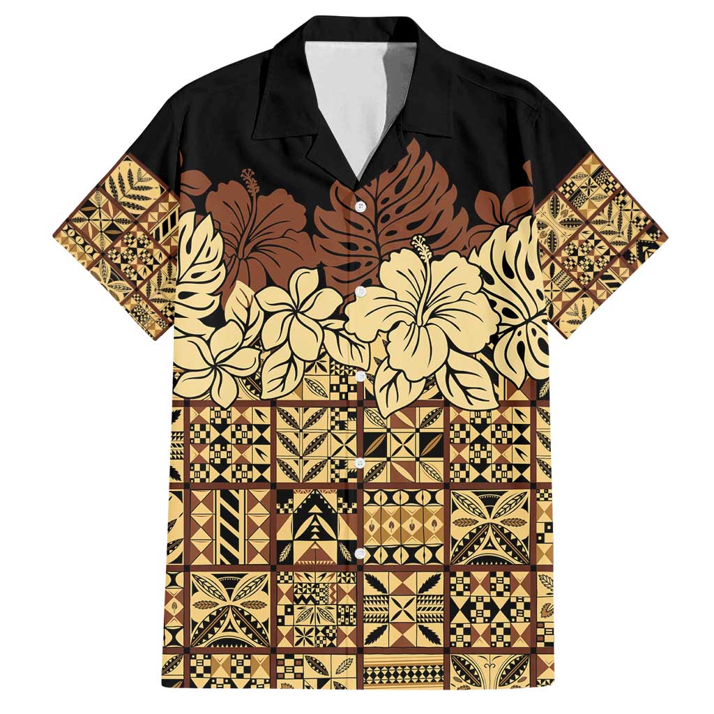 Niue Hiapo Motif Family Matching Summer Maxi Dress and Hawaiian Shirt Tapa Classic - Black Ver LT7 Dad's Shirt - Short Sleeve Black - Polynesian Pride