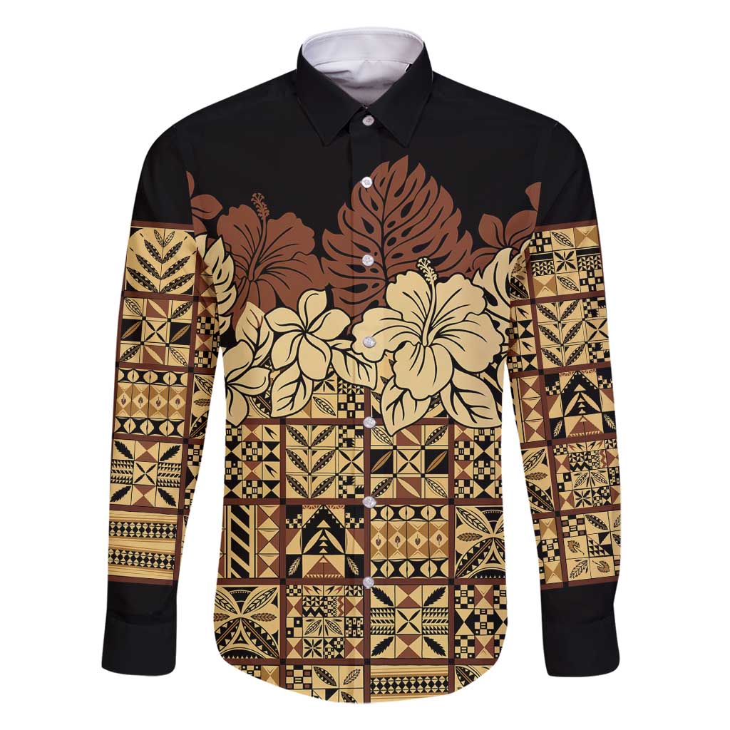 Niue Hiapo Motif Family Matching Summer Maxi Dress and Hawaiian Shirt Tapa Classic - Black Ver LT7 Dad's Shirt - Long Sleeve Black - Polynesian Pride