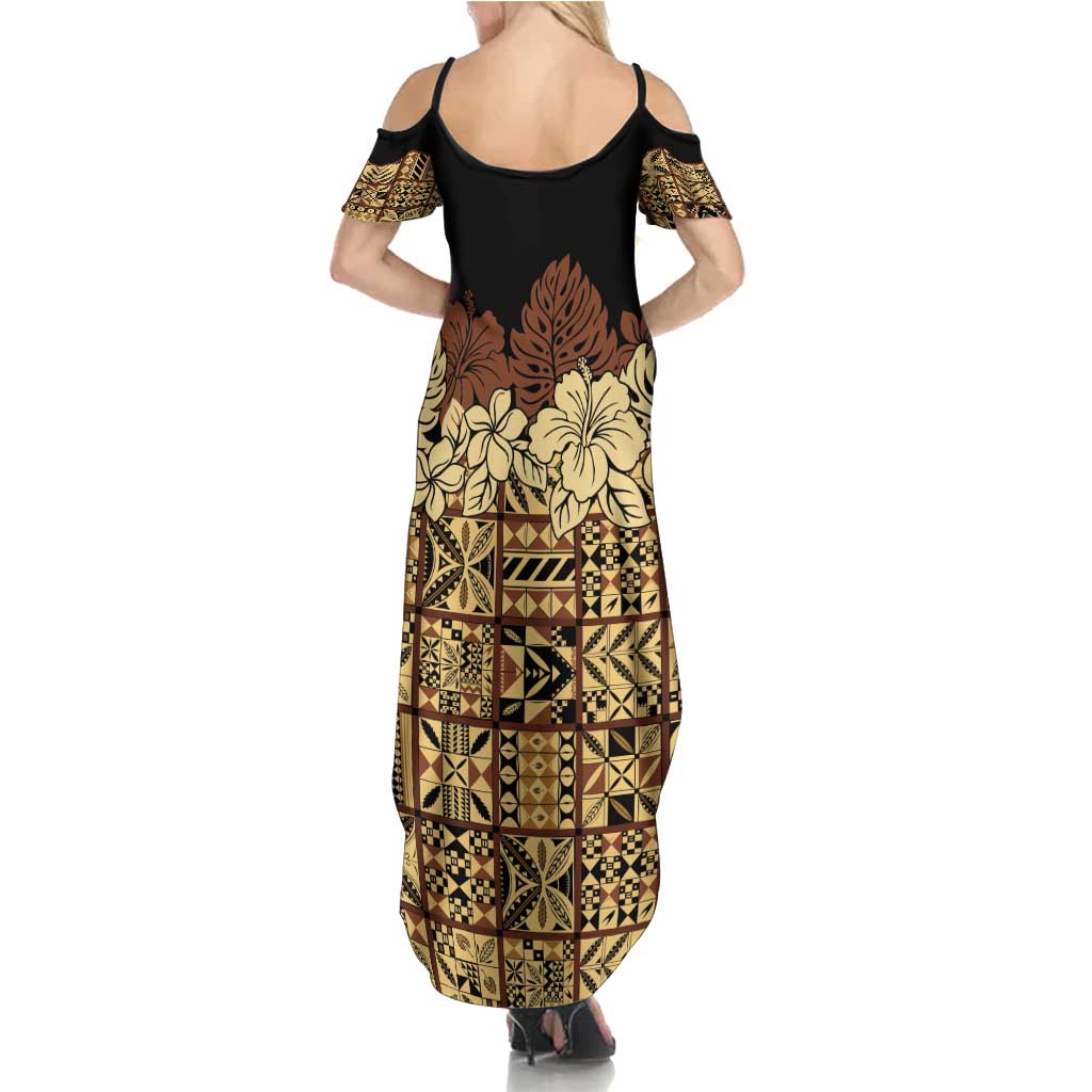 Niue Hiapo Motif Family Matching Summer Maxi Dress and Hawaiian Shirt Tapa Classic - Black Ver LT7 - Polynesian Pride