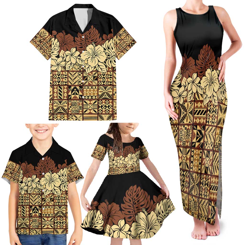 Niue Hiapo Motif Family Matching Tank Maxi Dress and Hawaiian Shirt Tapa Classic - Black Ver LT7 - Polynesian Pride