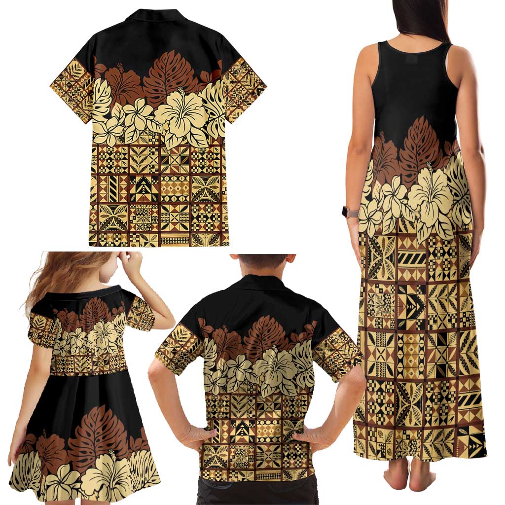 Niue Hiapo Motif Family Matching Tank Maxi Dress and Hawaiian Shirt Tapa Classic - Black Ver LT7 - Polynesian Pride