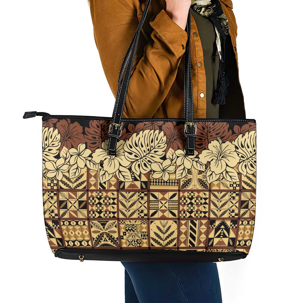 Niue Hiapo Motif Leather Tote Bag Tapa Classic - Black Ver