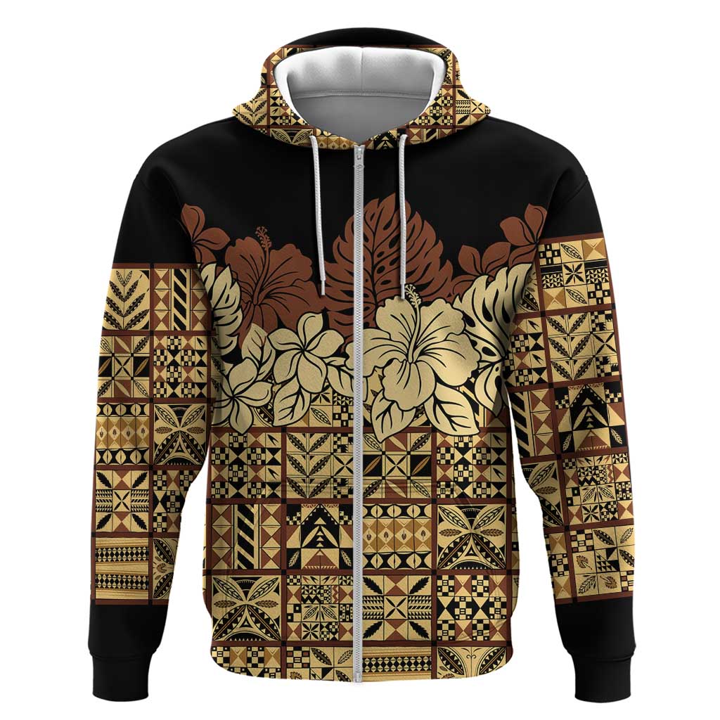 Niue Hiapo Motif Zip Hoodie Tapa Classic - Black Ver LT7 Zip Hoodie Black - Polynesian Pride